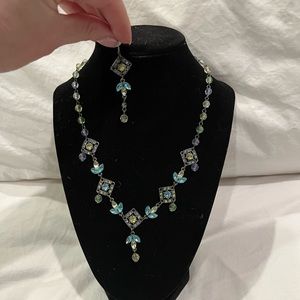 Necklace and earrings blue, green yellow crystal